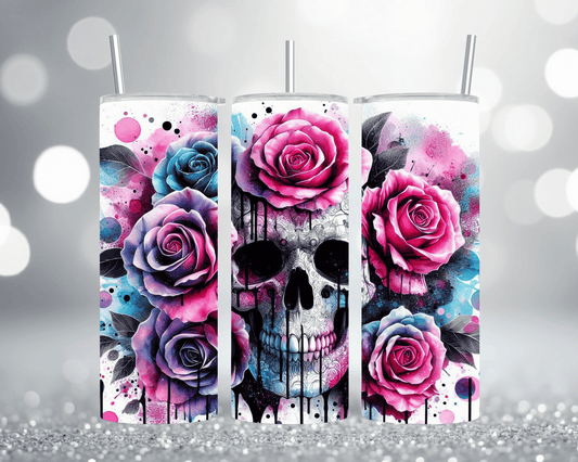 Thermobecher Tumbler mit Motiv: Skull & Rosen Edelstahlbecher 570 ml