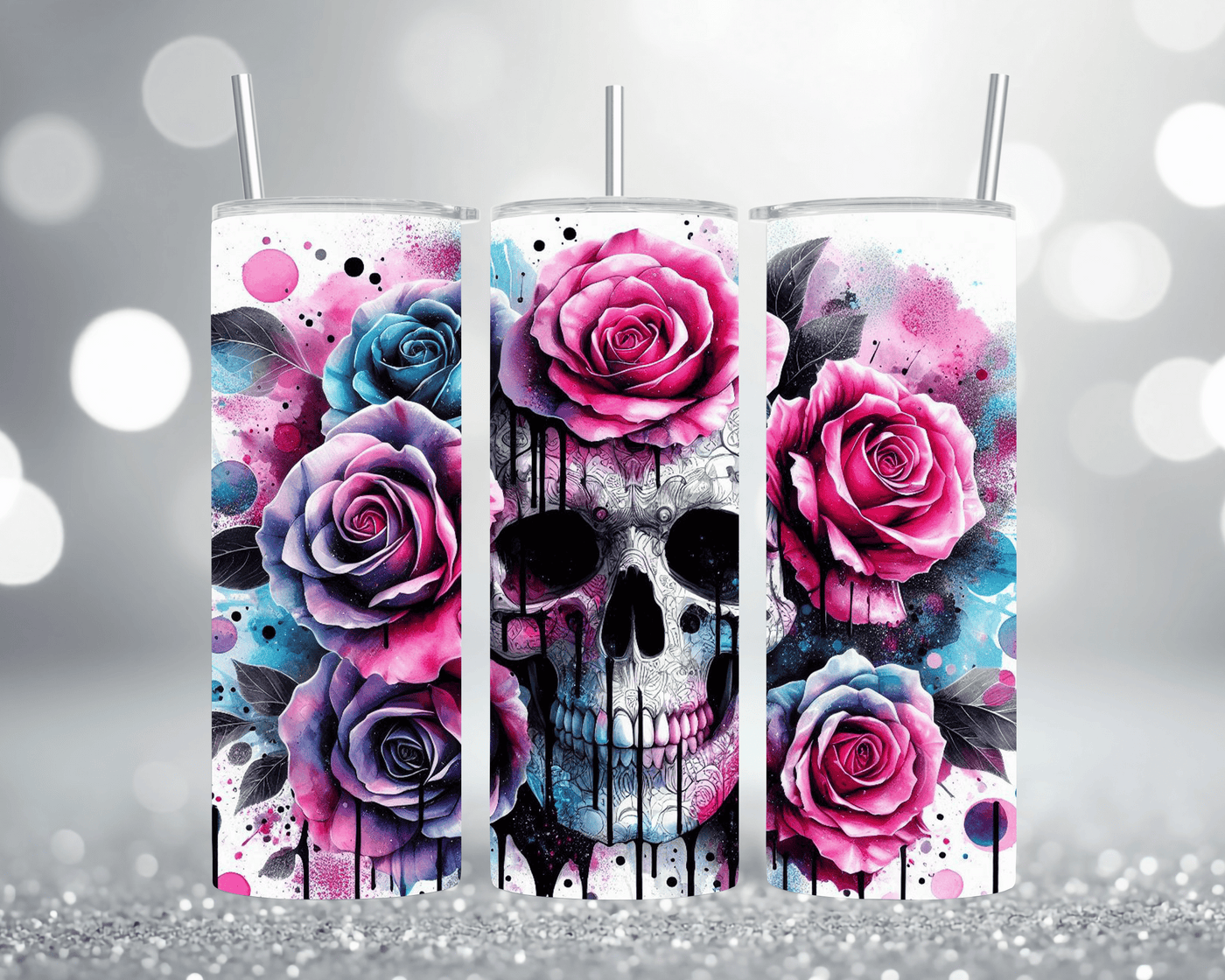 Thermobecher Tumbler mit Motiv: Skull & Rosen Edelstahlbecher 570 ml