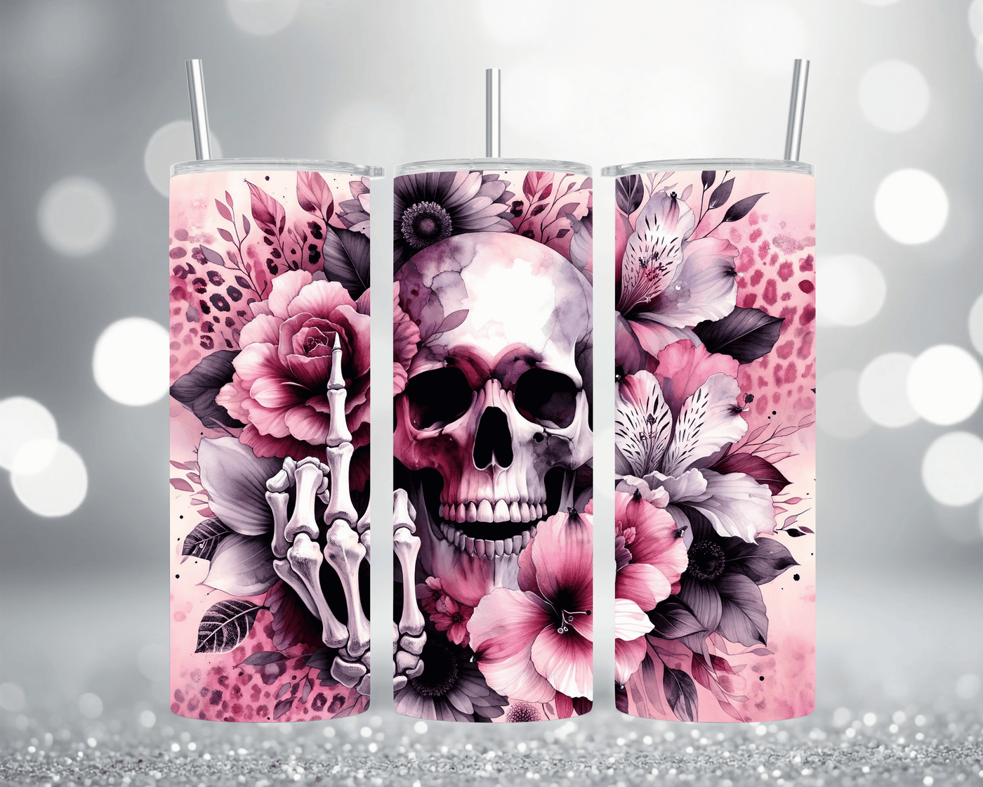 Thermobecher Tumbler mit Motiv: Totenkopf, Mittelfinger & Blumen in Pink Edelstahlbecher 570 ml