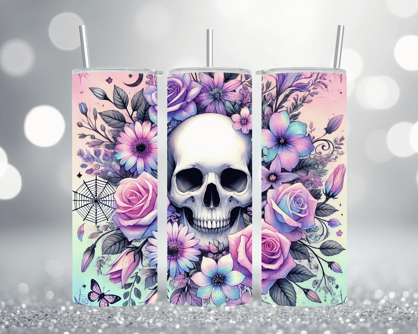 Thermobecher Tumbler mit Motiv: Totenkopf mit Blumen  Modernes Design  Edelstahlbecher 570 ml