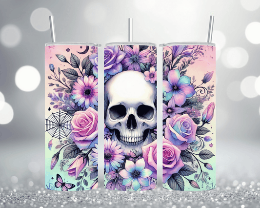 Thermobecher Tumbler mit Motiv: Totenkopf mit Blumen  Modernes Design  Edelstahlbecher 570 ml