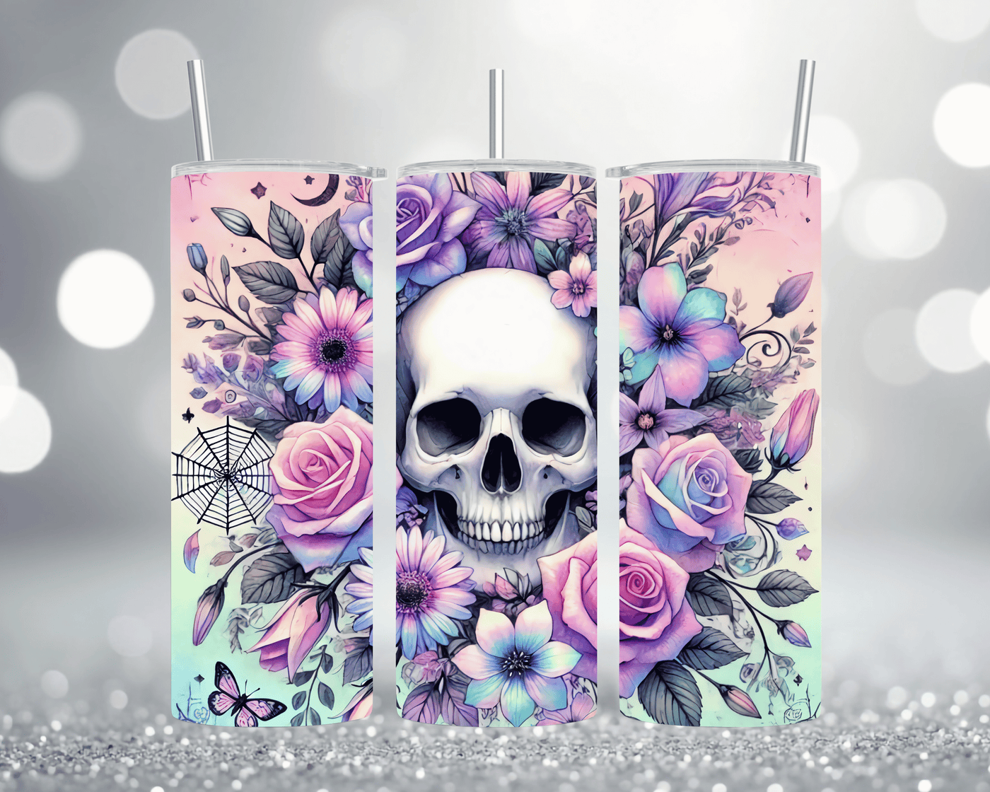 Thermobecher Tumbler mit Motiv: Totenkopf mit Blumen  Modernes Design  Edelstahlbecher 570 ml