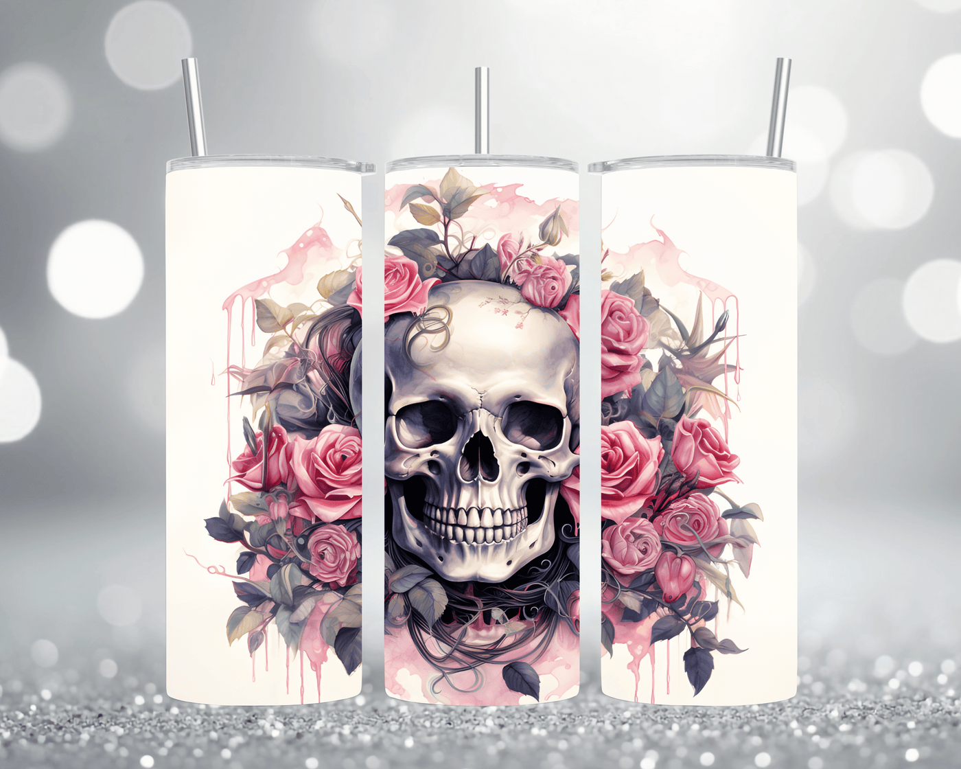 Thermobecher Tumbler mit Motiv: Totenkopf mit Rosa Rosen Edelstahlbecher 570 ml