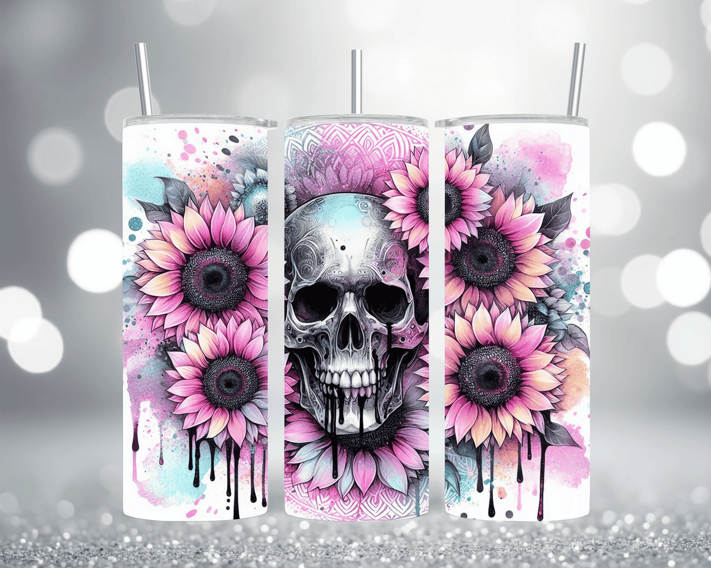 Thermobecher Tumbler mit Motiv: Totenkopf mit bunten Sonnenblumen 570 ml Edelstahlbecher