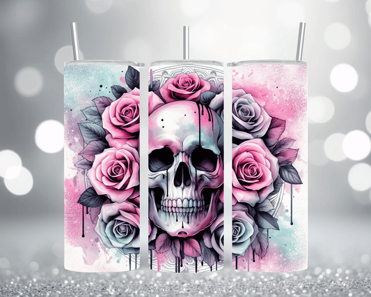 Thermobecher Tumbler mit Motiv: Totenkopf mit modernen Rosen Edelstahlbecher 570 ml