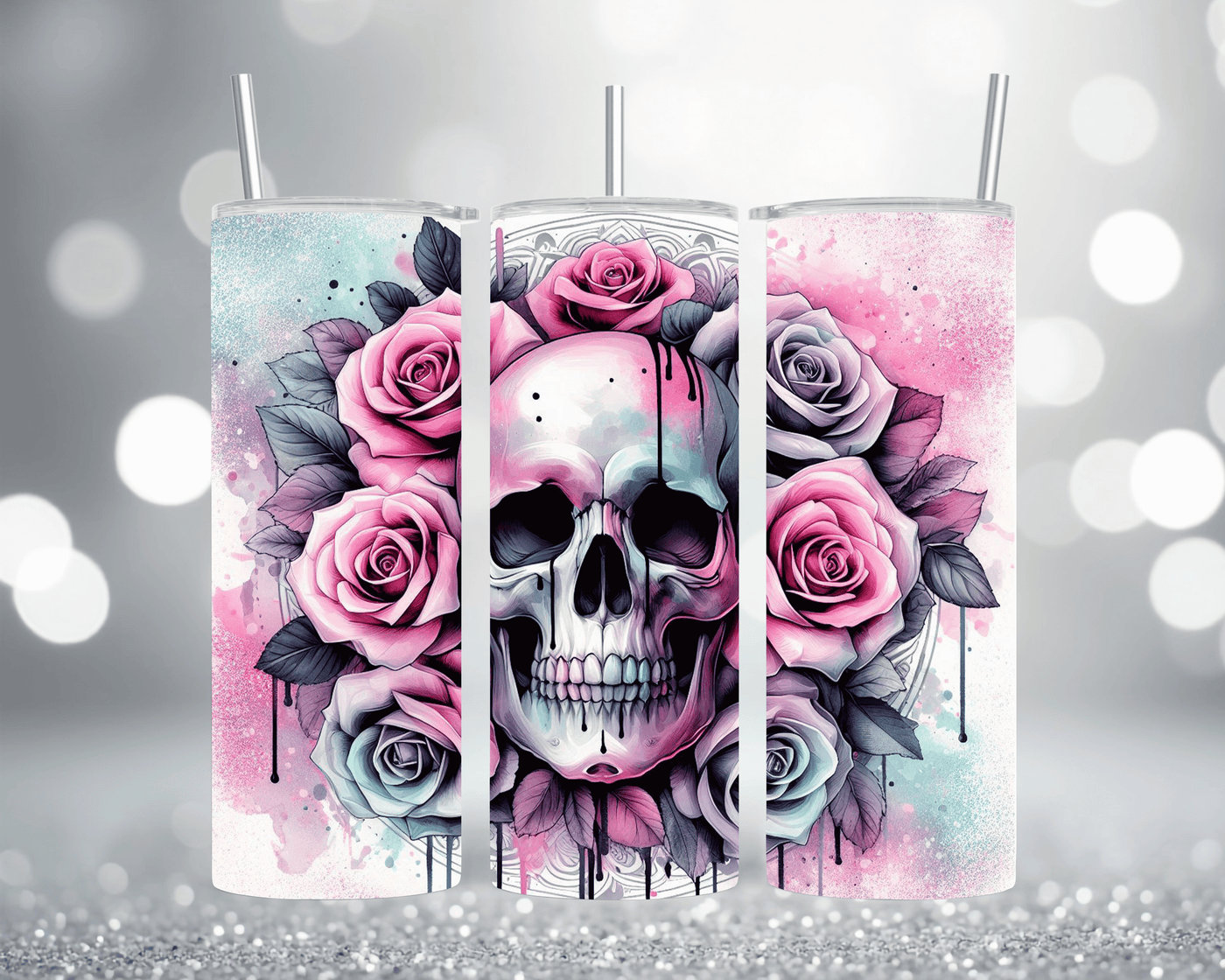 Thermobecher Tumbler mit Motiv: Totenkopf mit modernen Rosen Edelstahlbecher 570 ml