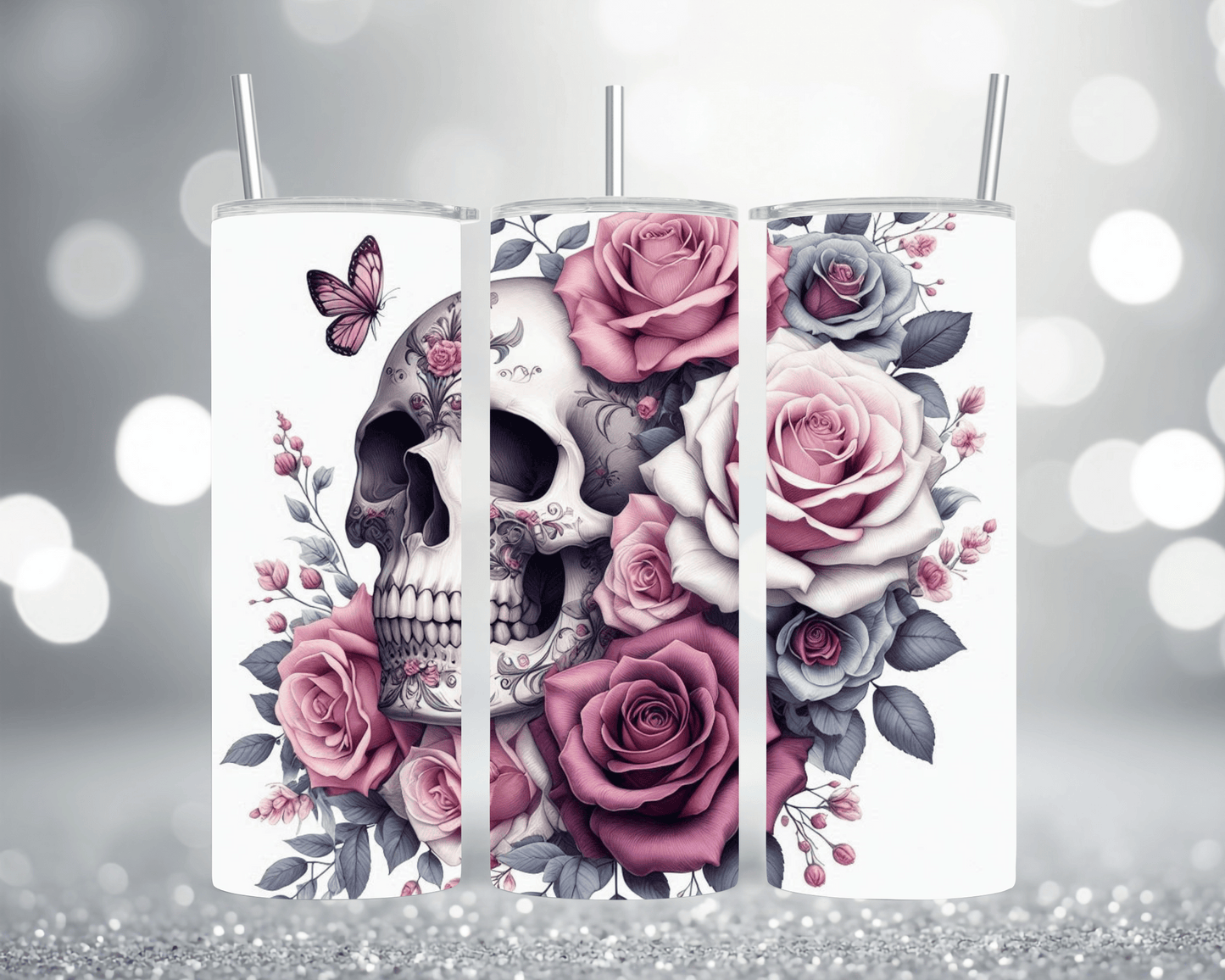 Thermobecher Tumbler mit Motiv: Totenkopf mit wunderschönen Rosen Edelstahlbecher 570 ml