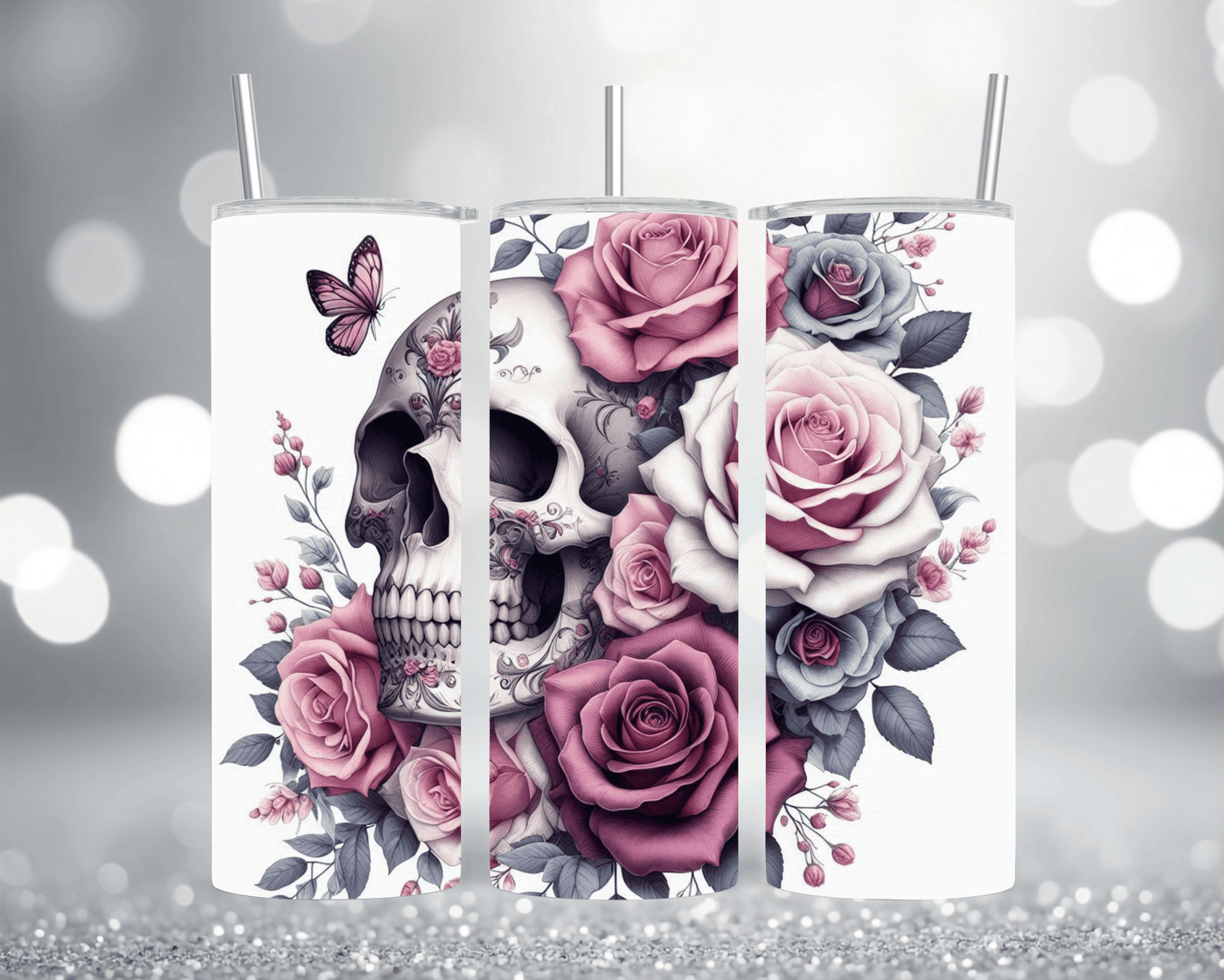 Thermobecher Tumbler mit Motiv: Totenkopf mit wunderschönen Rosen Edelstahlbecher 570 ml