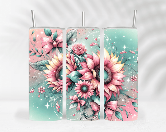 Thermobecher / Tumbler mit Sonnenblumen in Rosa & Gelb