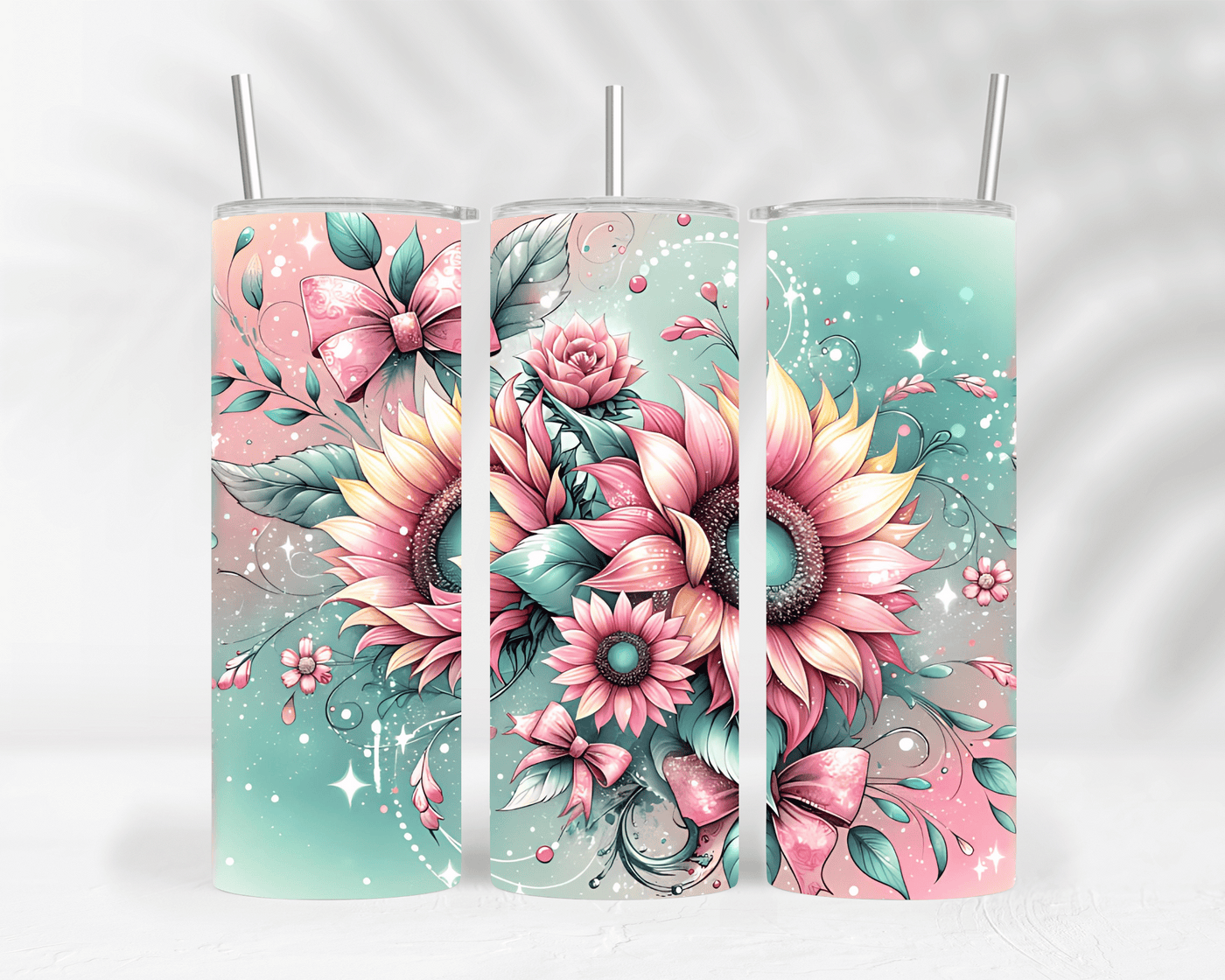 Thermobecher / Tumbler mit Sonnenblumen in Rosa & Gelb