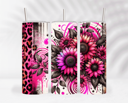 Thermobecher / Tumbler mit rosa Sonnenblumen & Leopardenmuster