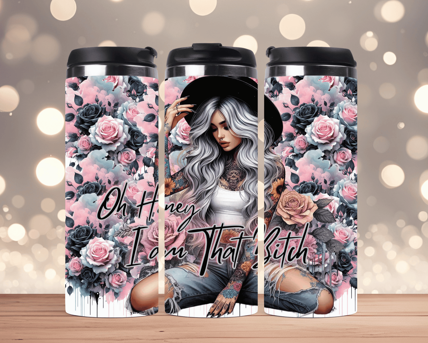 Thermobecher aus Edelstahl 340 ml  Frau mit Hut, Rosen & Spruch