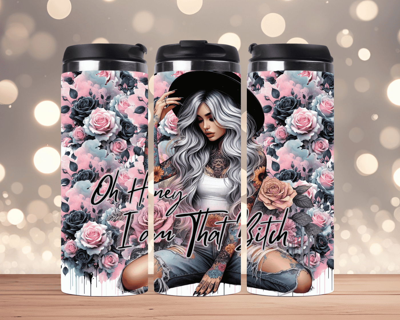 Thermobecher aus Edelstahl 340 ml  Frau mit Hut, Rosen & Spruch