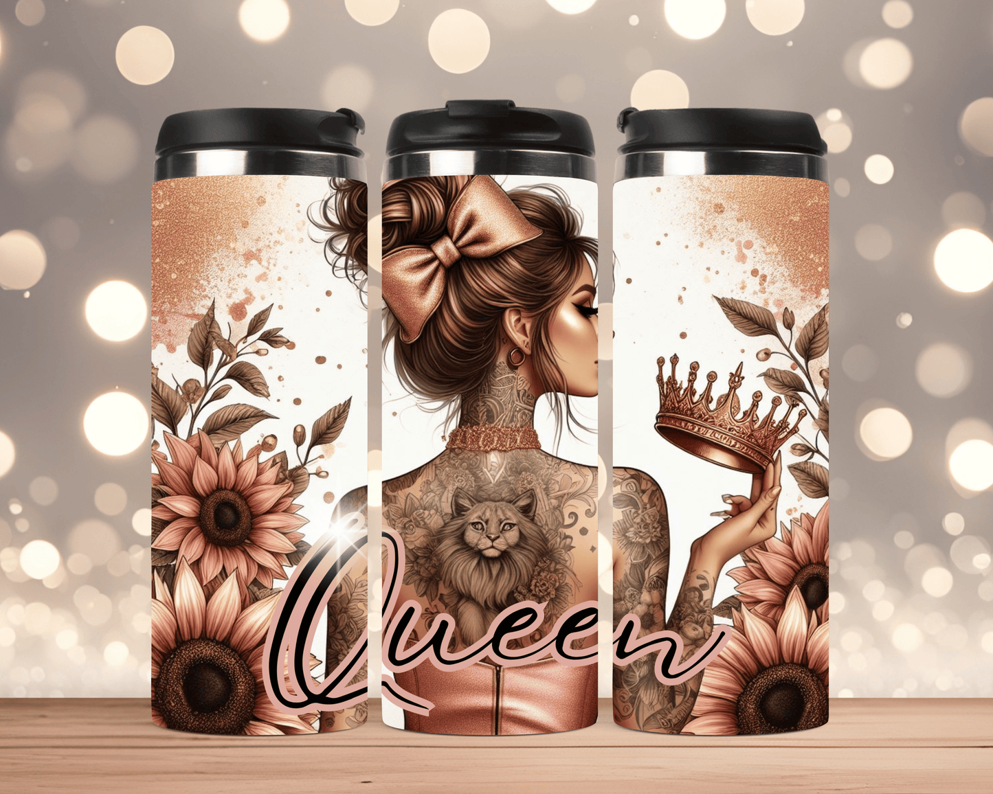 Thermobecher aus Edelstahl 340 ml Frau mit Schleife, Krone & Queen-Motiv