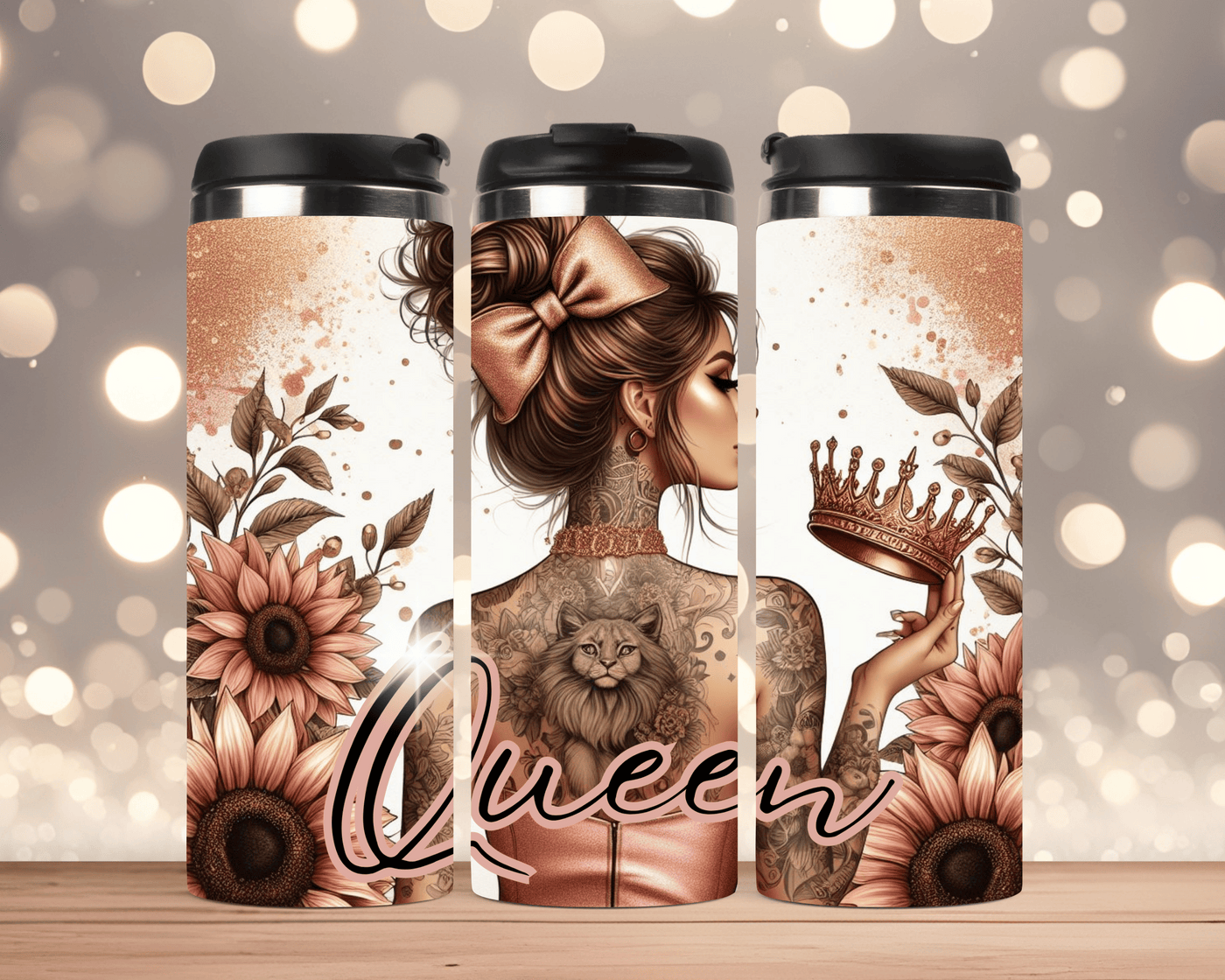 Thermobecher aus Edelstahl 340 ml Frau mit Schleife, Krone & Queen-Motiv