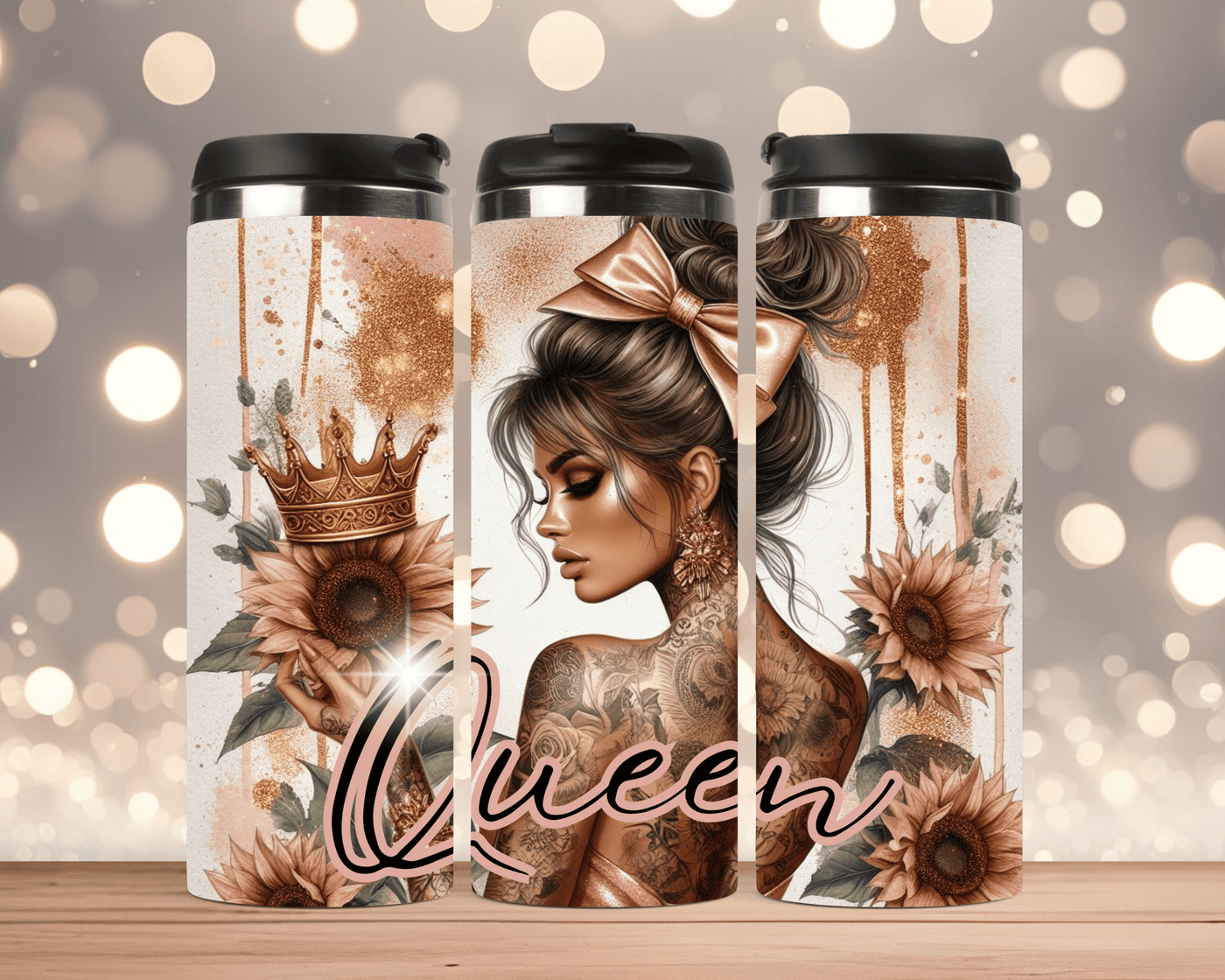 Thermobecher aus Edelstahl 340 ml  Frau mit Schleife, Sonnenblume, Krone & Queen-Motiv