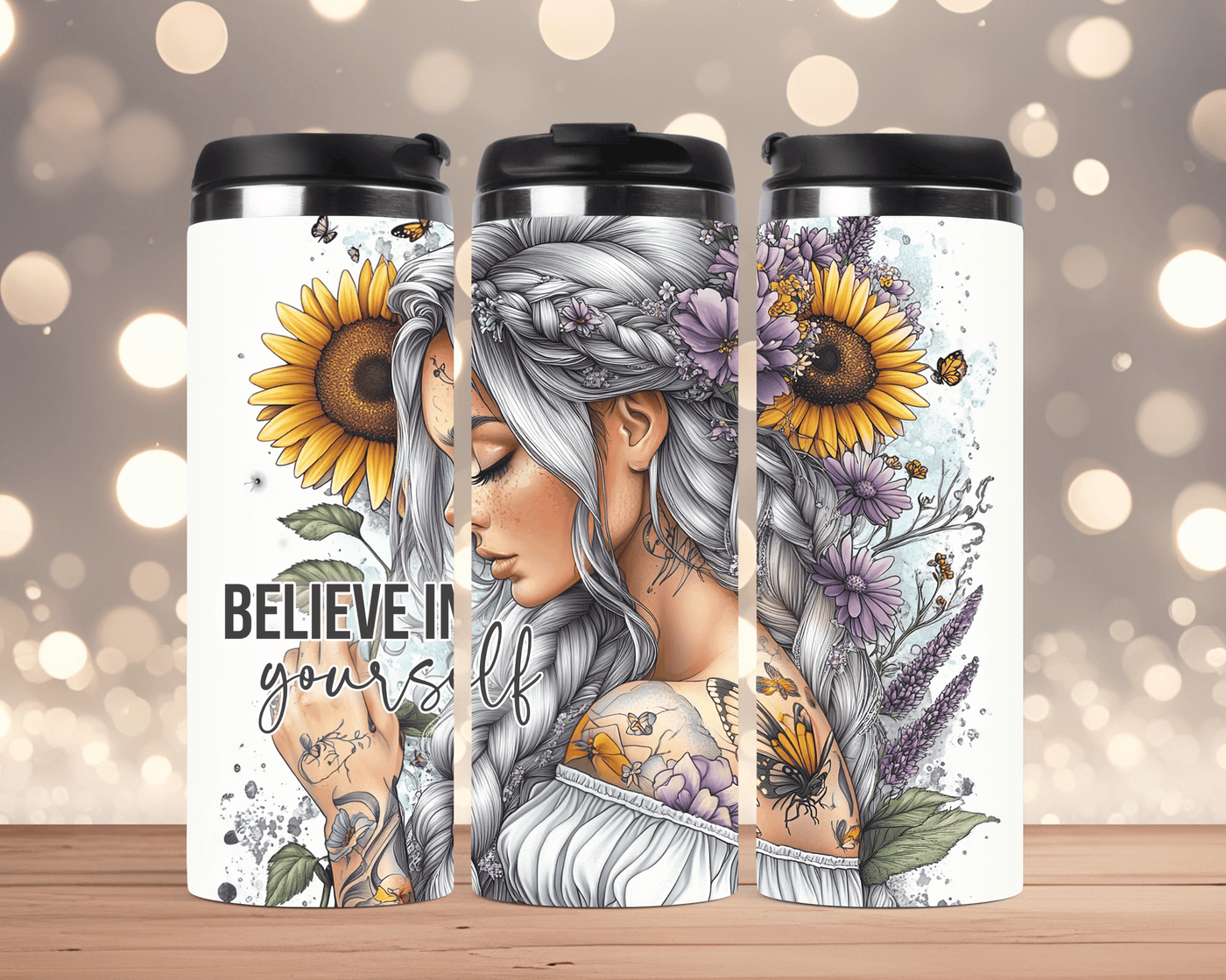 Thermobecher aus Edelstahl 340 ml Frau mit Sonnenblume & Spruch