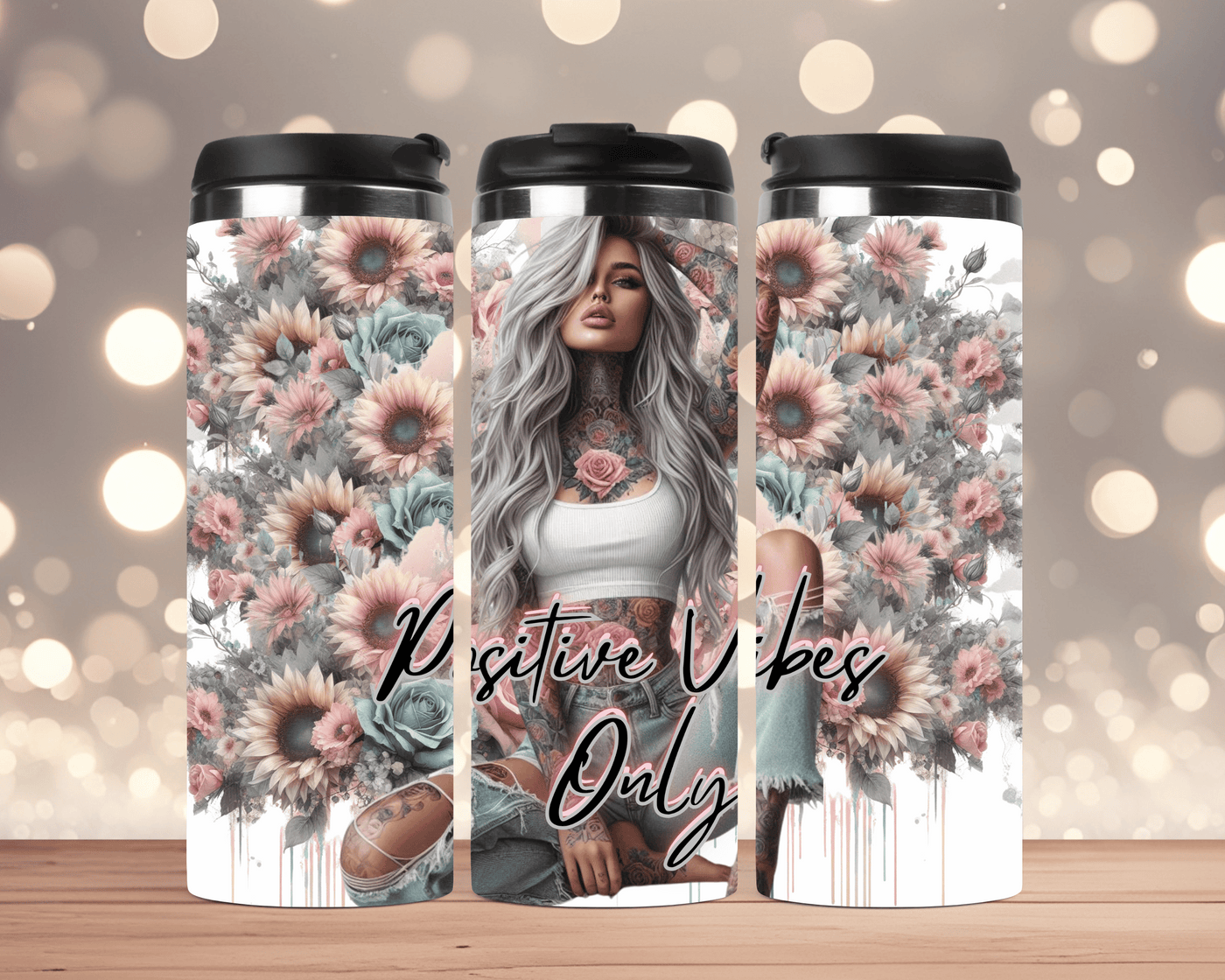 Thermobecher aus Edelstahl 340 ml  Frau mit Sonnenblumen & Spruch