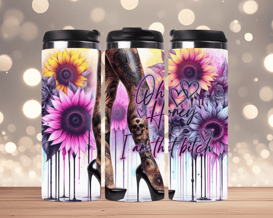 Thermobecher aus Edelstahl 340 ml  Sonnenblume, tätowierte Beine & Spruch