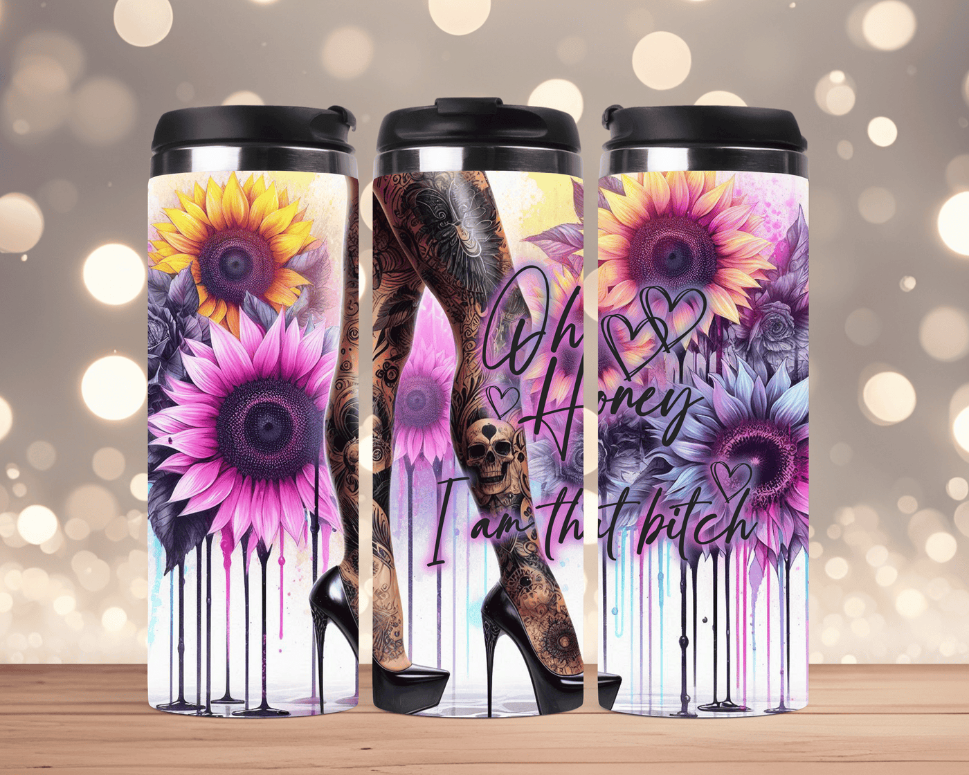 Thermobecher aus Edelstahl 340 ml  Sonnenblume, tätowierte Beine & Spruch