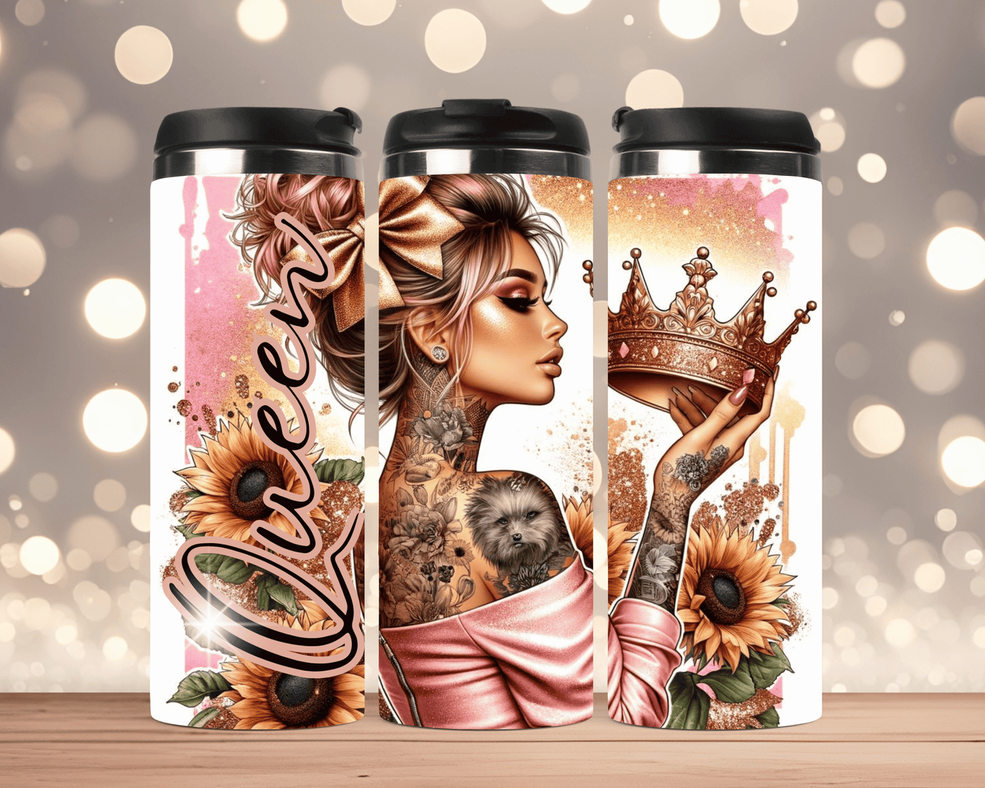 Thermobecher aus Edelstahl 340 ml Tätowierte Frau mit Krone & Schriftzug „Queen“