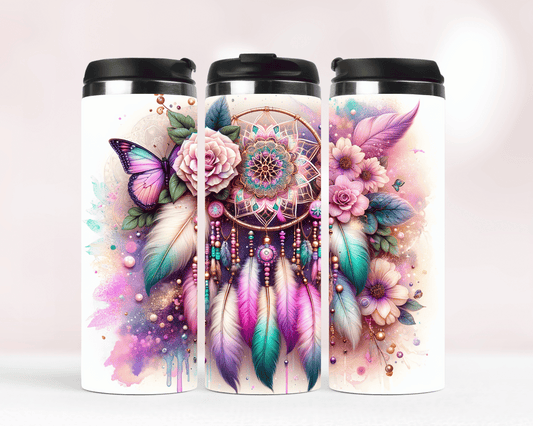 Thermobecher aus Edelstahl – 340 ml, Motiv Boho Traumfänger & Schmetterlinge