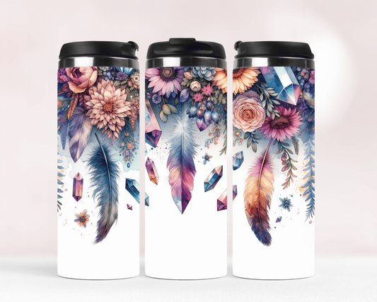 Thermobecher aus Edelstahl – 340 ml, Motiv Federn & Blumen