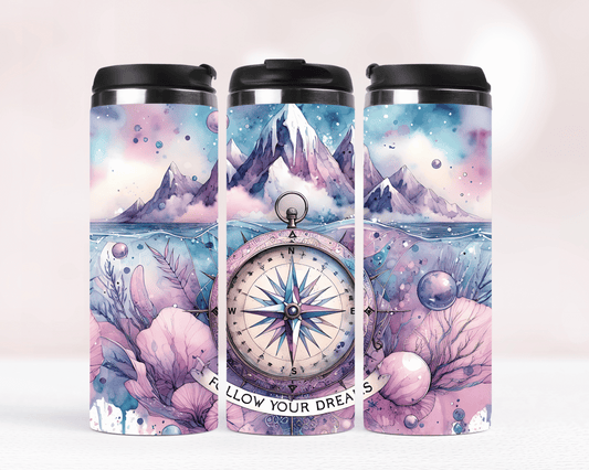 Thermobecher aus Edelstahl – 340 ml, Motiv Kompass mit Bergen