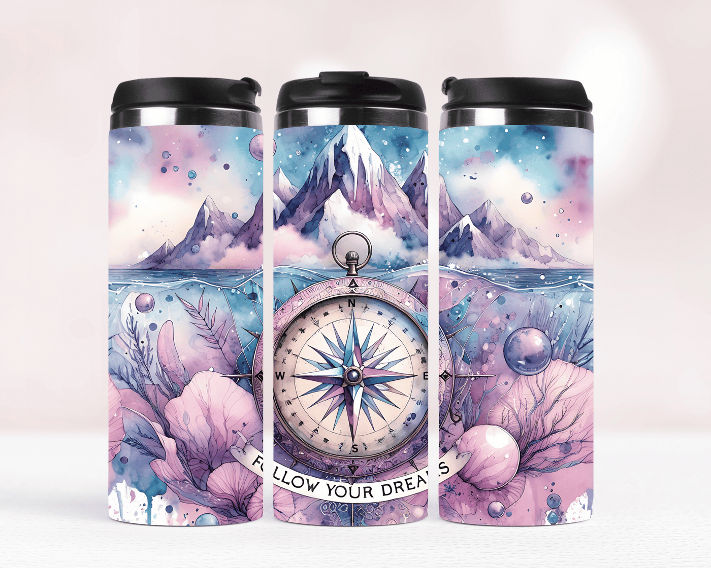 Thermobecher aus Edelstahl 340 ml, Motiv Kompass mit Bergen