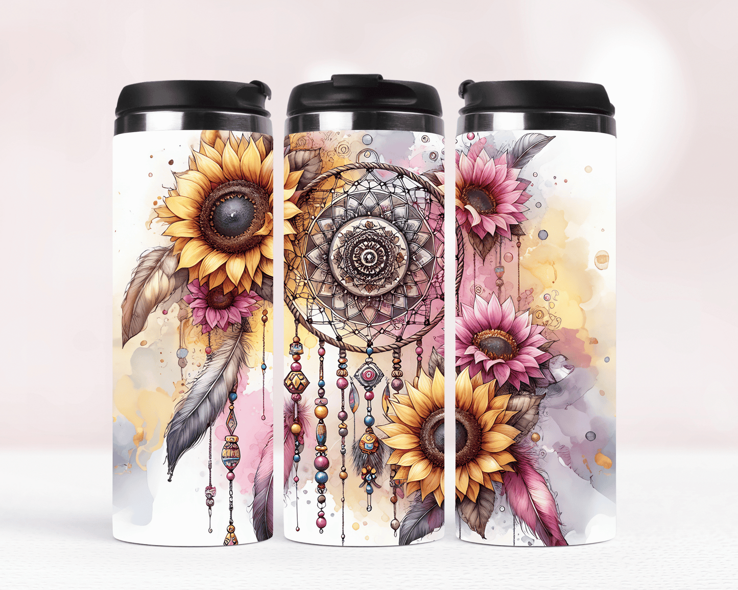 Thermobecher aus Edelstahl – 340 ml, Motiv Traumfänger mit Sonnenblumen