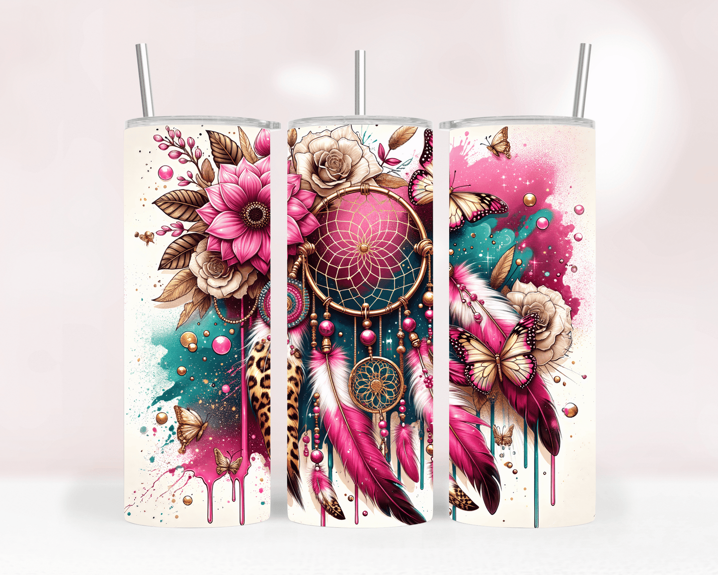 Thermobecher aus Edelstahl – 570 ml, Motiv Boho Traumfänger  Blumen