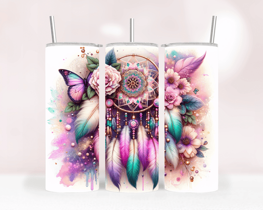 Thermobecher aus Edelstahl – 570 ml, Motiv Boho Traumfänger & Schmetterlinge