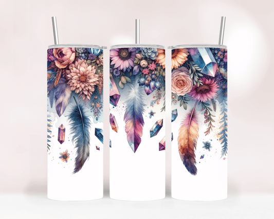 Thermobecher aus Edelstahl – 570 ml, Motiv Federn & Blumen