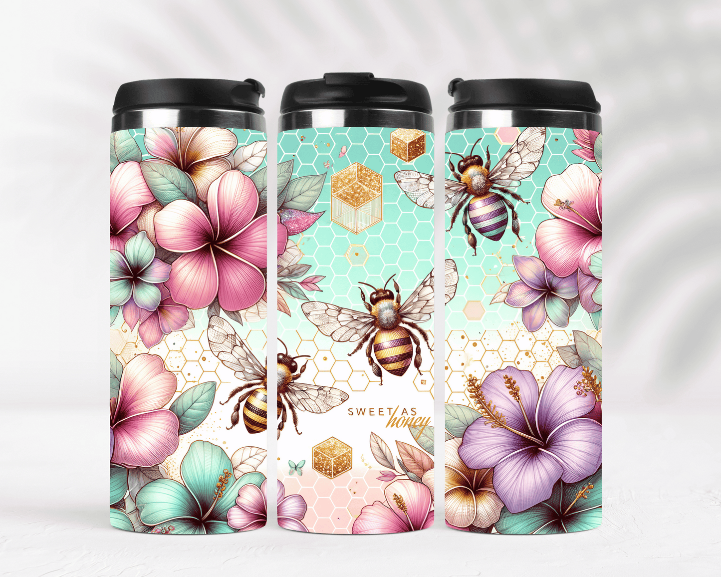 Thermobecher aus Edelstahl  Motiv Hibiskusblume & Bienen