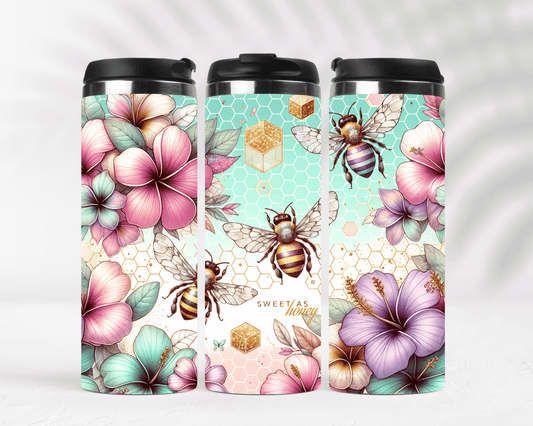 Thermobecher aus Edelstahl  Motiv Hibiskusblume & Bienen