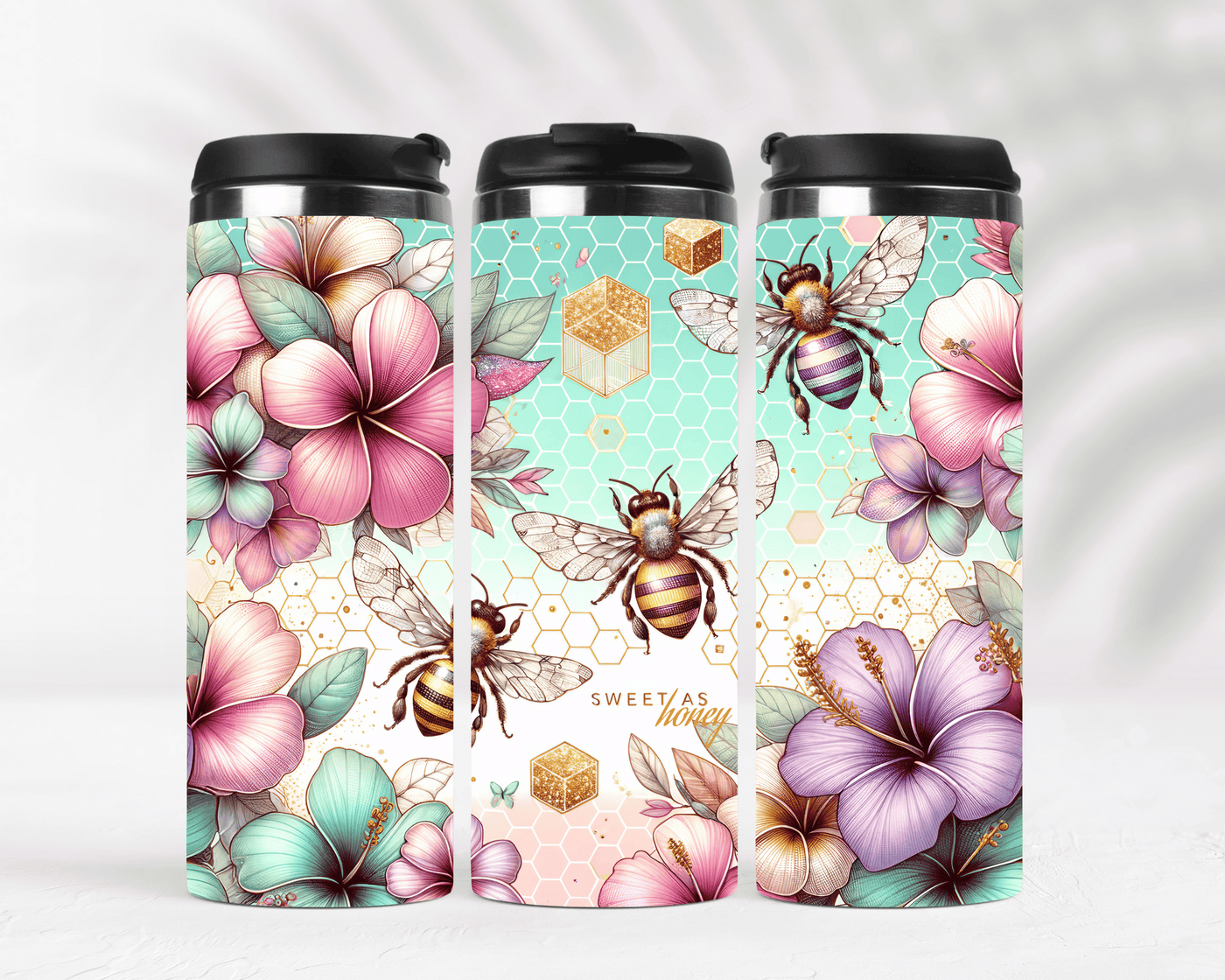 Thermobecher aus Edelstahl  Motiv Hibiskusblume & Bienen