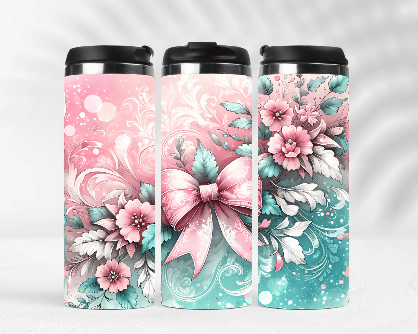 Thermobecher aus Edelstahl Motiv Kokette Blumen in Rosa