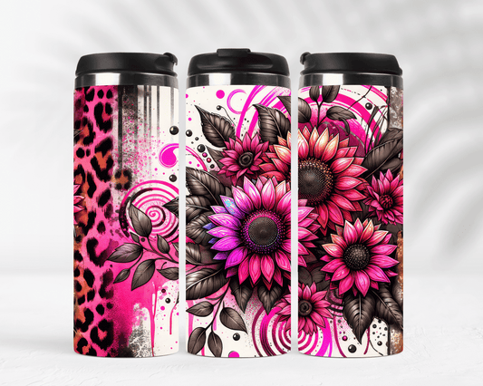 Thermobecher aus Edelstahl Motiv Rosa Sonnenblumen & Leopardenmuster