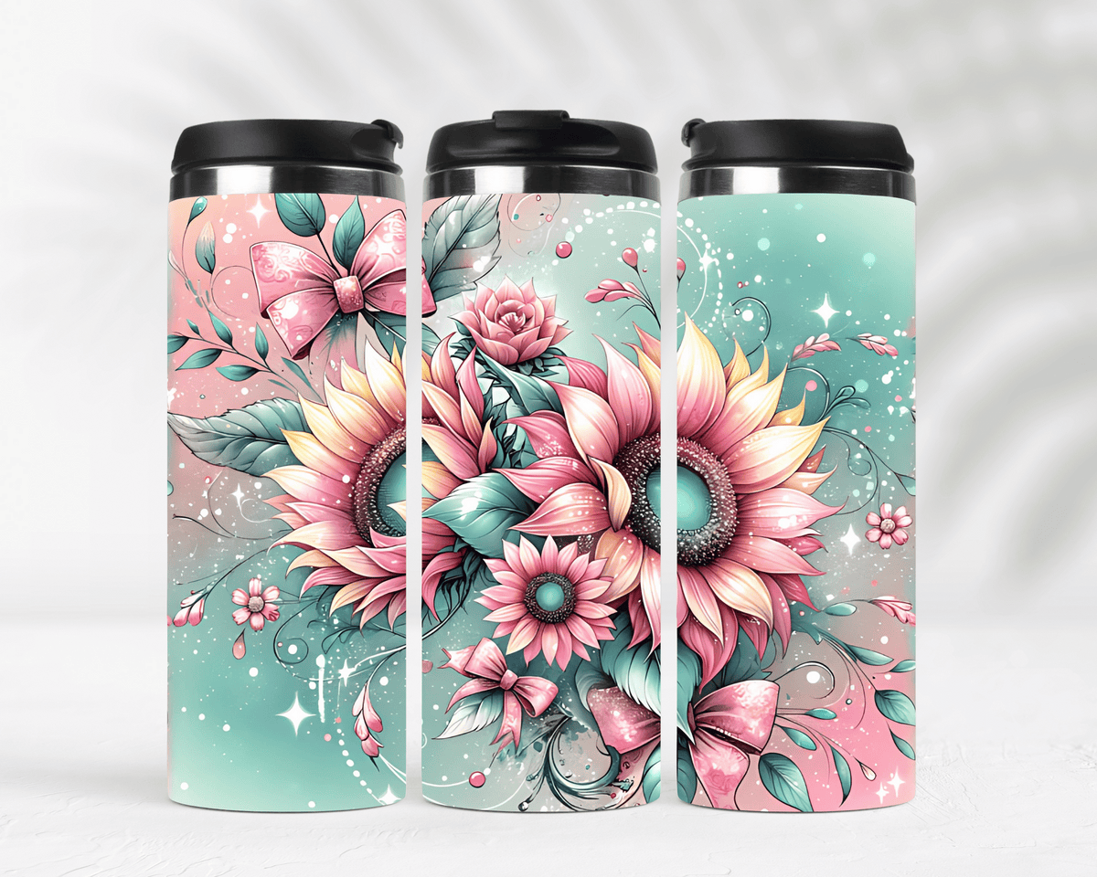 Thermobecher aus Edelstahl  Motiv Sonnenblumen in Rosa & Gelb