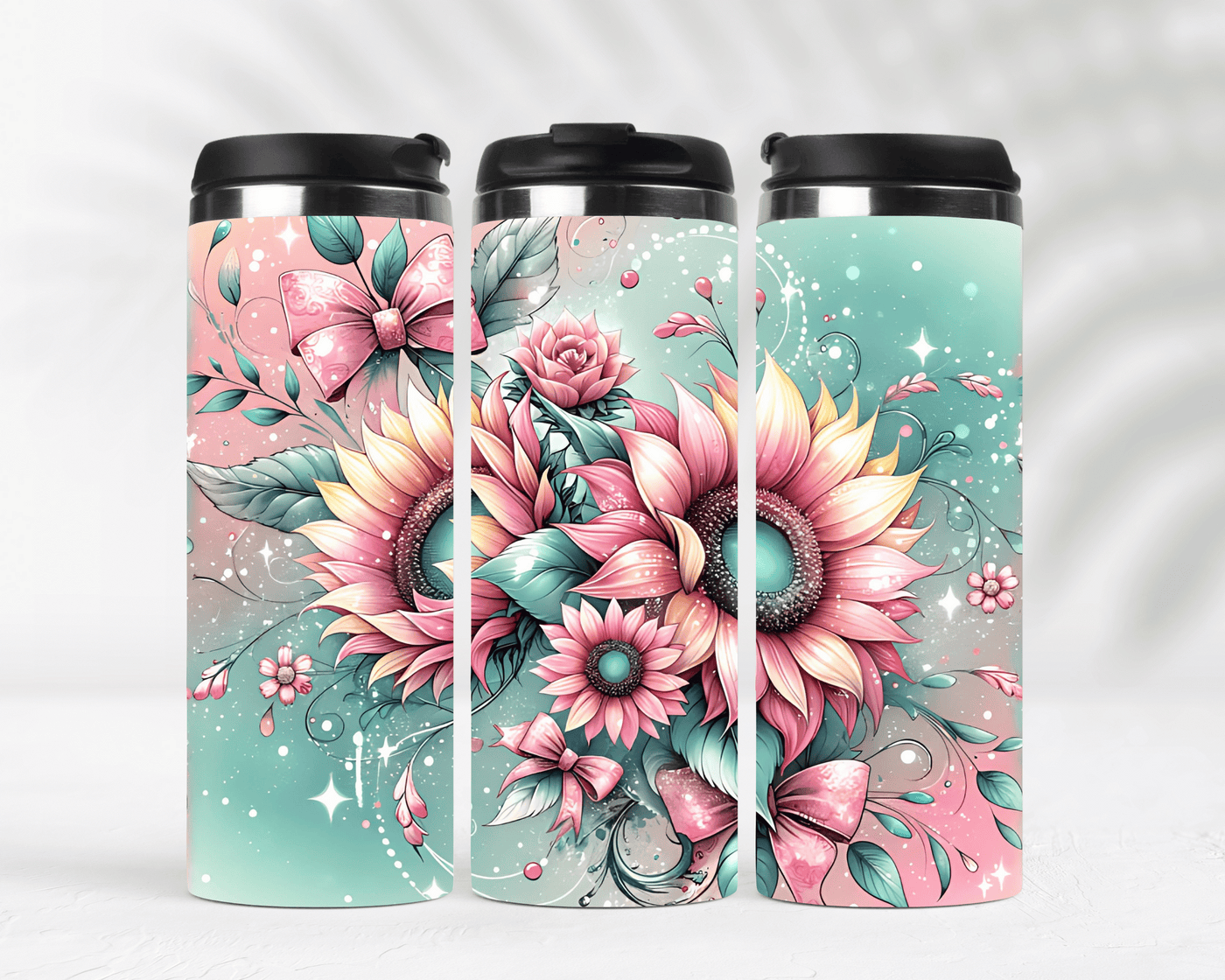 Thermobecher aus Edelstahl  Motiv Sonnenblumen in Rosa & Gelb