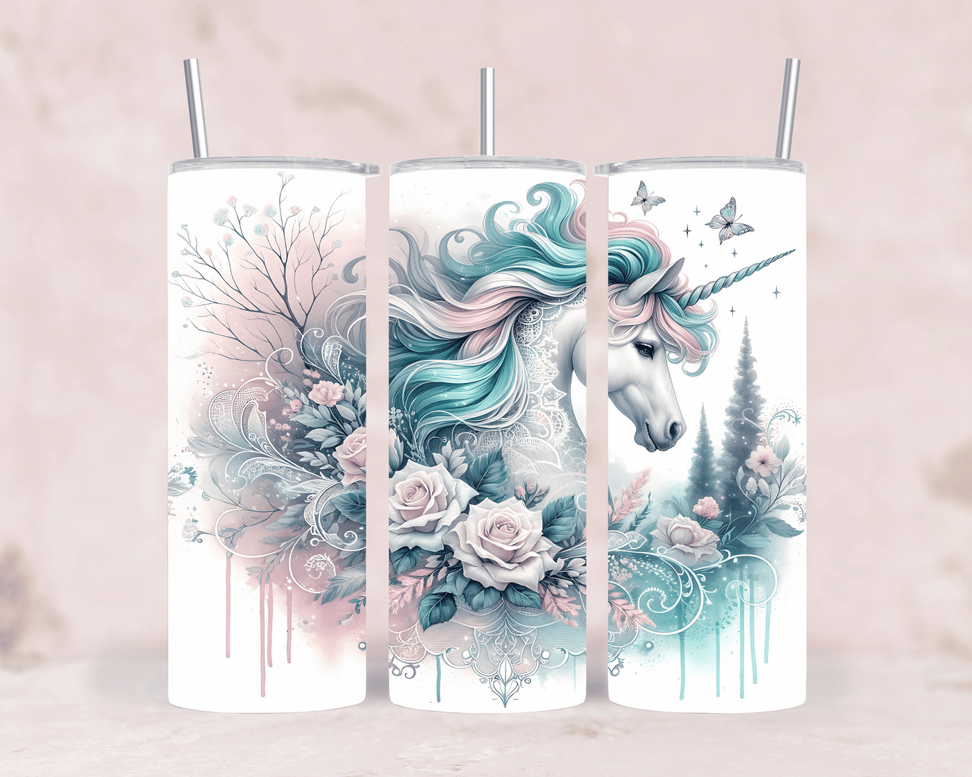 Thermobecher mit Einhorn & Rosen Tumbler aus Edelstahl (570 ml)