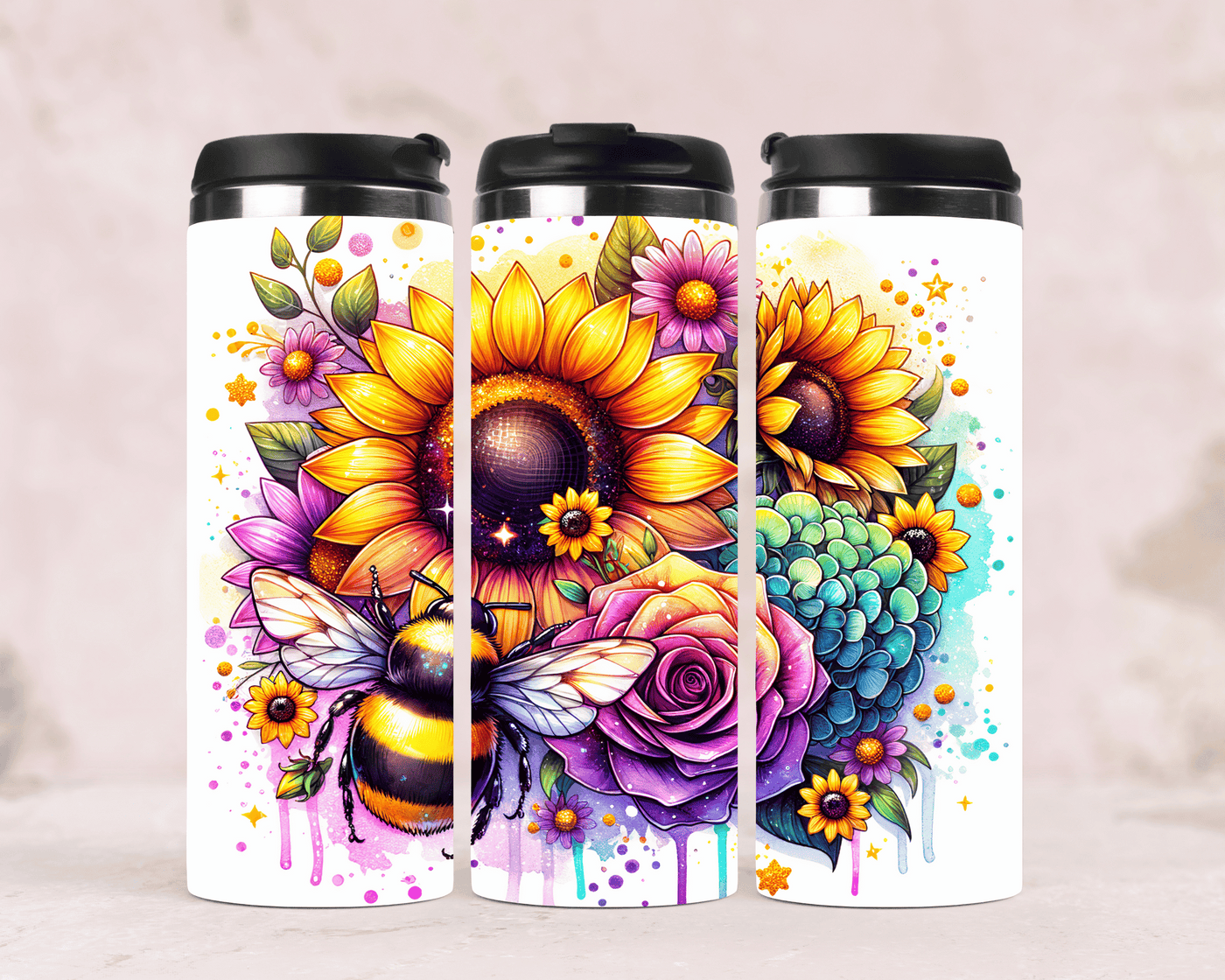 Thermobecher mit Motiv: Biene mit Sonnenblume & Rose Edelstahlbecher 340 ml