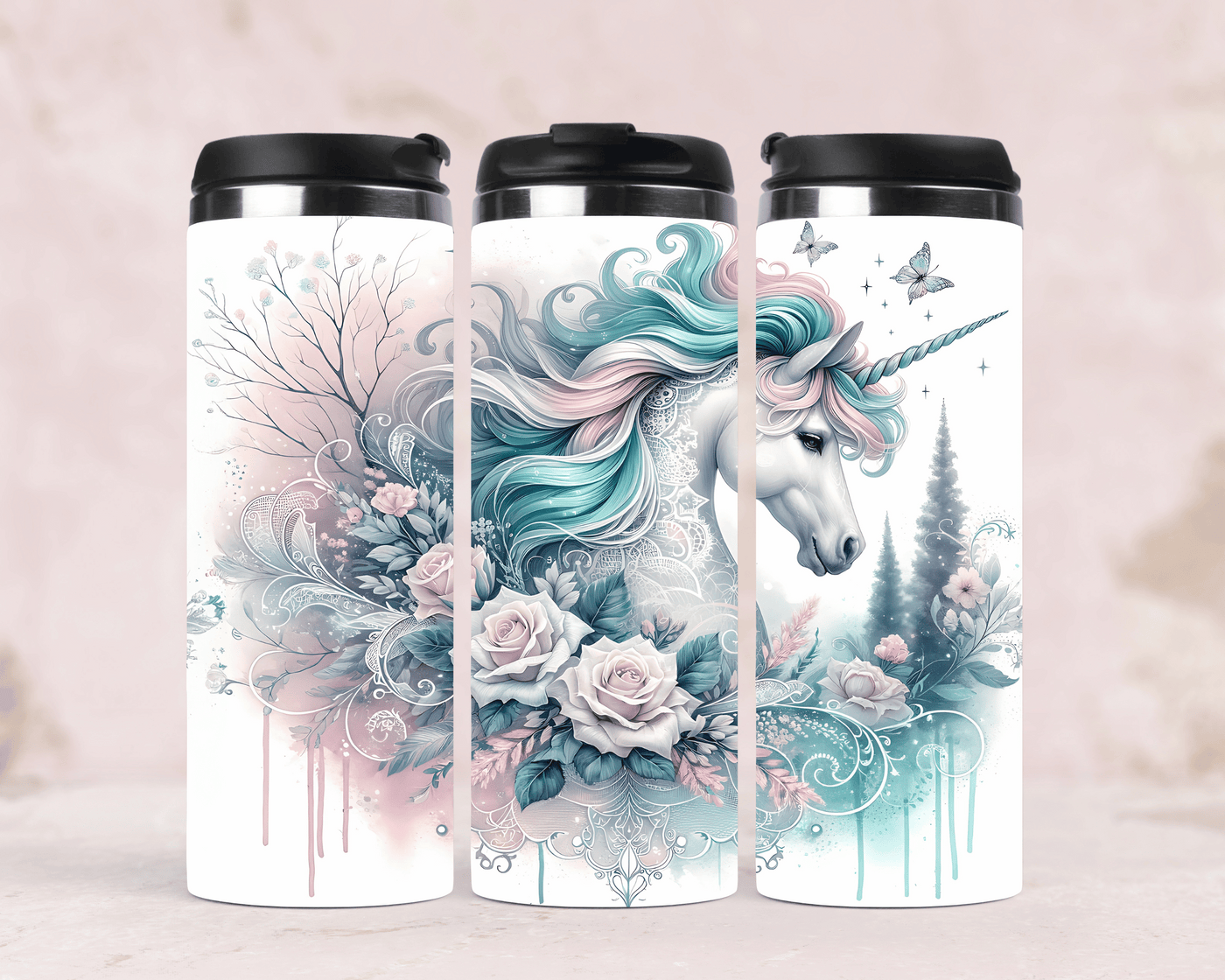 Thermobecher mit Motiv:Einhorn & Rosen Edelstahl  340 ml