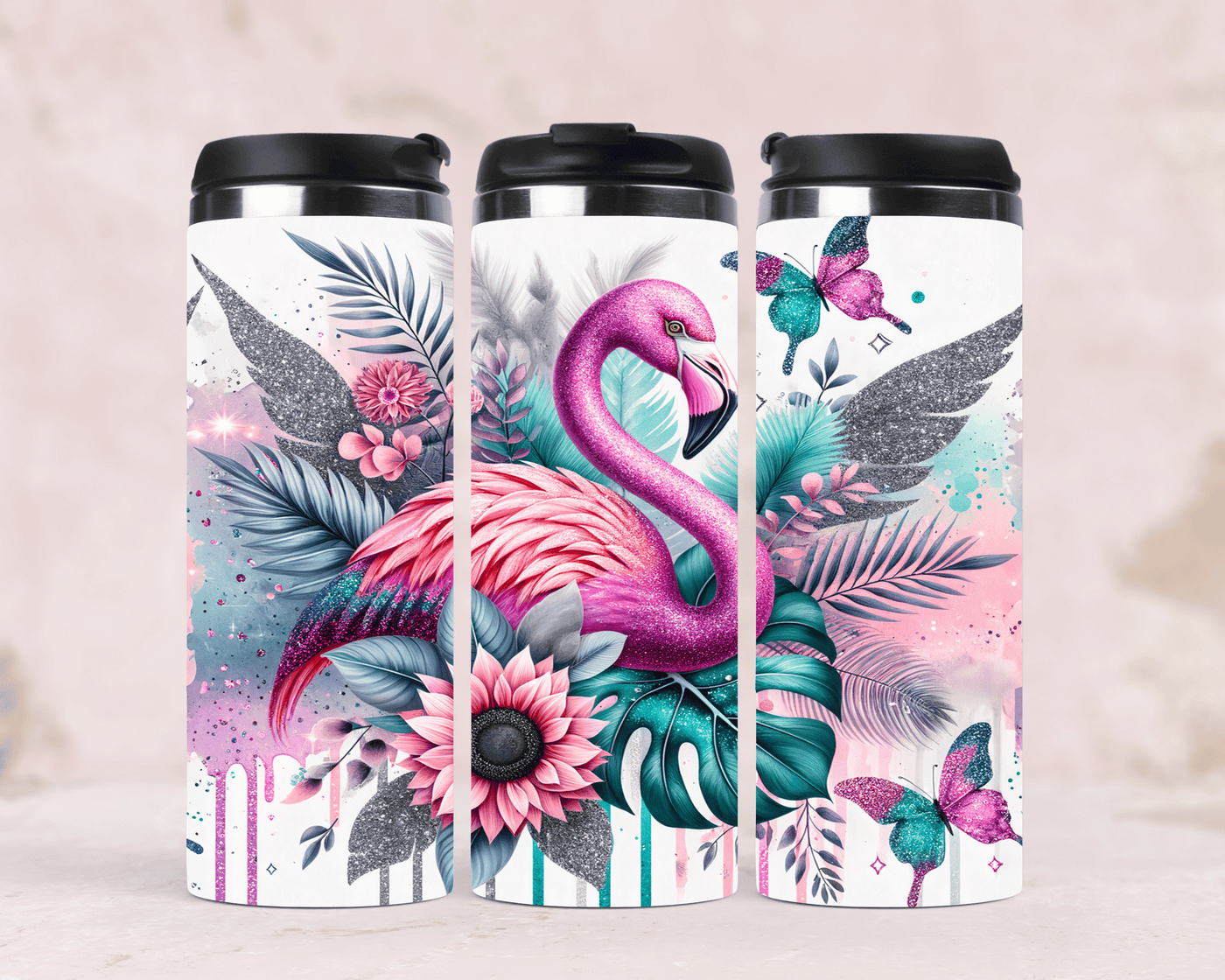 Thermobecher mit Motiv: Flamingo & Blumen Edelstahlbecher 340 ml