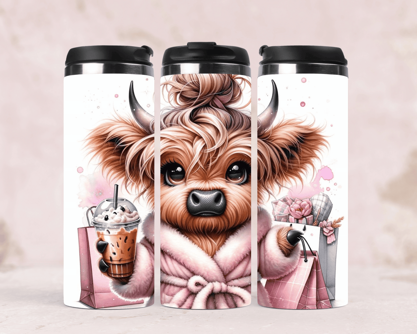 Thermobecher mit Motiv: Highland Cow am Morgen Edelstahlbecher 340 ml