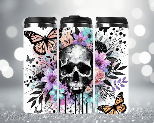 Thermobecher mit Motiv: Moderner Totenkopf mit Blumen  Edelstahlbecher 340 ml