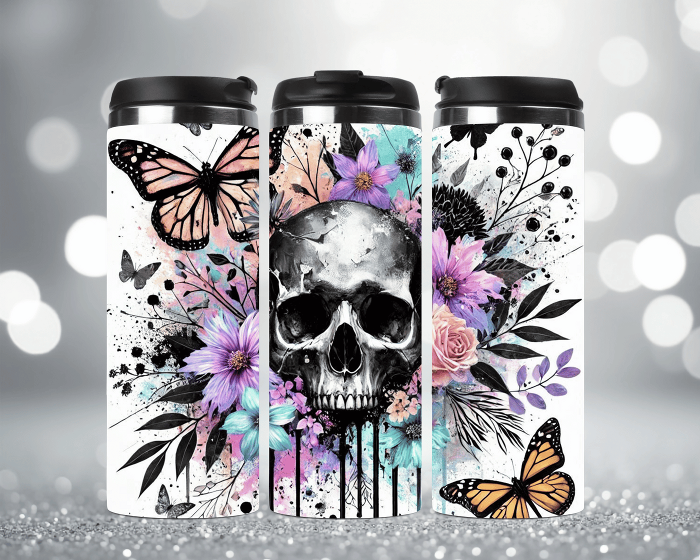 Thermobecher mit Motiv: Moderner Totenkopf mit Blumen  Edelstahlbecher 340 ml