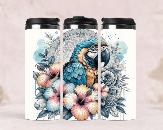 Thermobecher mit Motiv:Papagei & Tropenblumen Edelstahl  340 ml