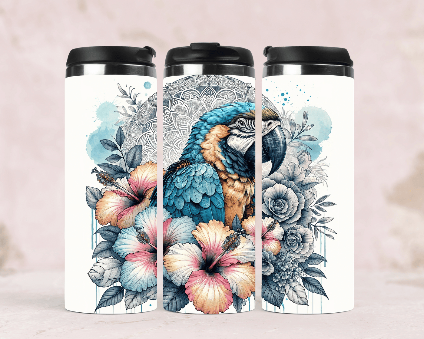 Thermobecher mit Motiv:Papagei & Tropenblumen Edelstahl  340 ml
