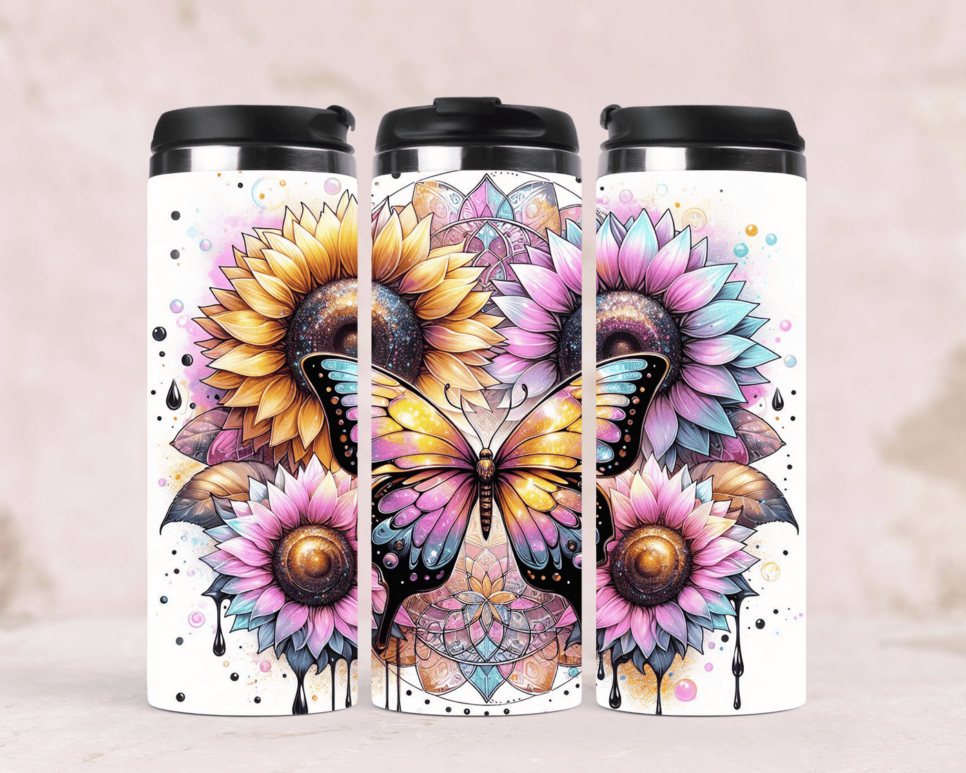 Thermobecher mit Motiv:Schmetterling & helle Sonnenblumen Edelstahlbecher 340 ml